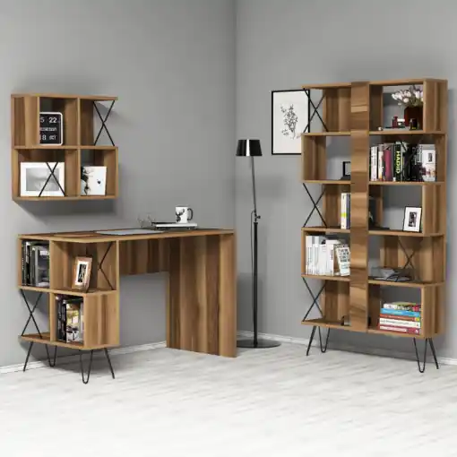 Reducere specială Birou cu Biblioteca Salvador, model Extra2, 120x78.8x60 cm, Nuc/Negru
