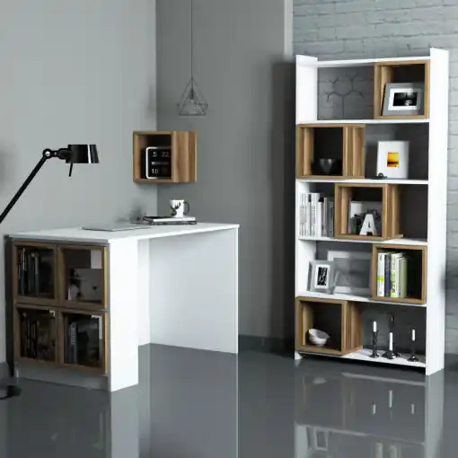 Reducere Set Birou si Biblioteca Salvador, model Box, 120x75x65 cm, Alb/Nuc