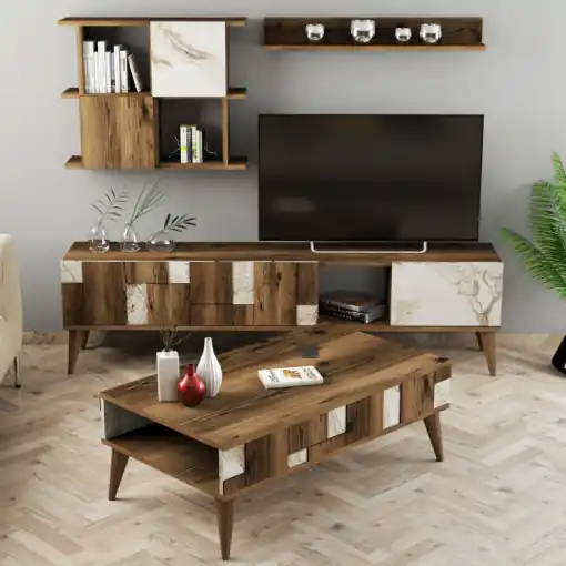 Set Comoda TV si Masuta de Cafea Model Morrison, 105x60x37.6 cm, Alb/Nuc Super ofertă