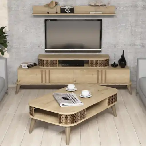 Super ofertă Set Comoda TV si Masuta de Cafea Model Schroeder, 105x60x34.6 cm, Stejar