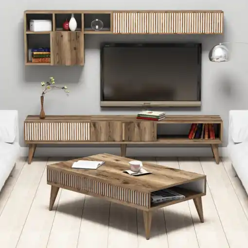 Mai ieftin Set Comoda TV si Masuta de Cafea Model Herrera, 105x60x34.6 cm, Nuc