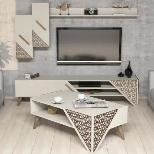 Retur ușor Set Comoda TV si Masuta de Cafea Model Chung, 105x58.2x40 cm, Crem