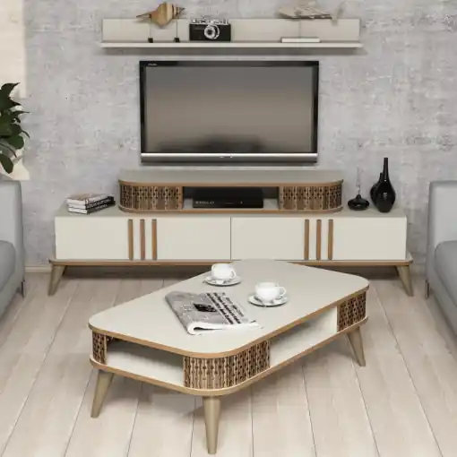 Set Comoda TV si Masuta de Cafea Model Schroeder, 105x60x34.6 cm, Crem Calitate înaltă