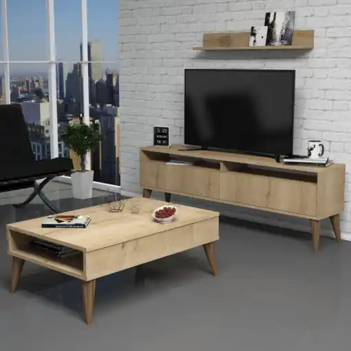 Ultima șansă Set Comoda TV si Masuta de Cafea Model Elliott, 90x60x34.6 cm, Stejar