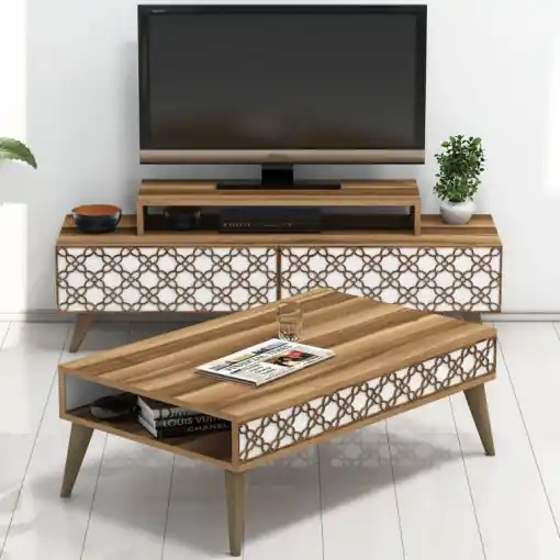 Calitate înaltă Set Comoda TV si Masuta de Cafea Model Horton, 105x60x36.6 cm, Nuc/Alb
