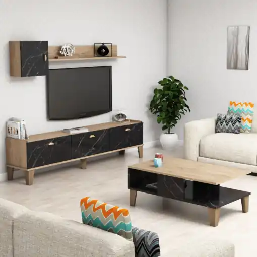Ultima șansă Set Comoda TV si Masuta de Cafea Model Magana, 90x54x35.6 cm, Stejar/Negru marmorat