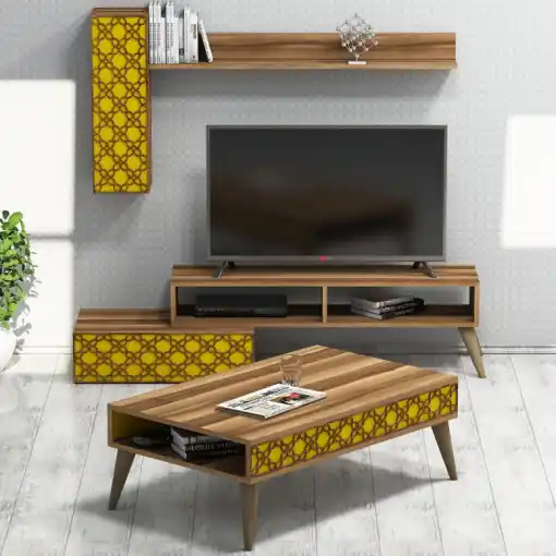 Ofertă specială Set Comoda TV si Masuta de Cafea Model Reese, 105x37x60 cm, Nuc/Galben
