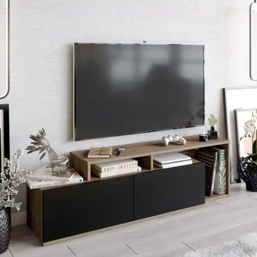 Comoda TV Salvador, Model Nexera, 149.8x42.9x35.3 cm, Nuc/Negru Premium