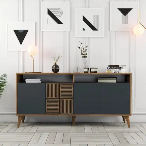 Ofertă exclusivă Comoda Model Milan, Nuc/Antracit, 160x35x78 cm