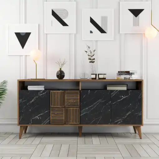 Discount Comoda Model Milan, Nuc/Negru marmorat, 160x35x78 cm