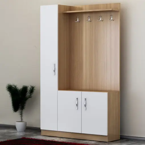 Cuier hol cu dulap Model Jensen, Alb/Teak, 110x31.8x180 cm Plată securizată