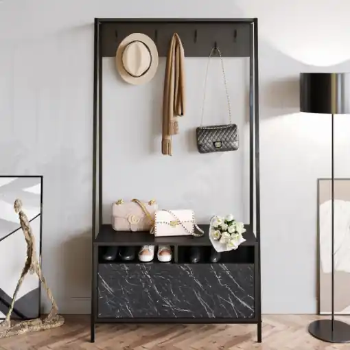 Cuier hol cu dulap Model Devin, Negru Marmorat, 94x35.3x180 cm Calitate înaltă