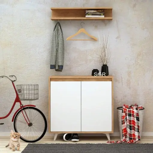 Cuier hol cu dulap Model Obsoyo, Stejar/Alb, 80x35x100 cm Plată sigură