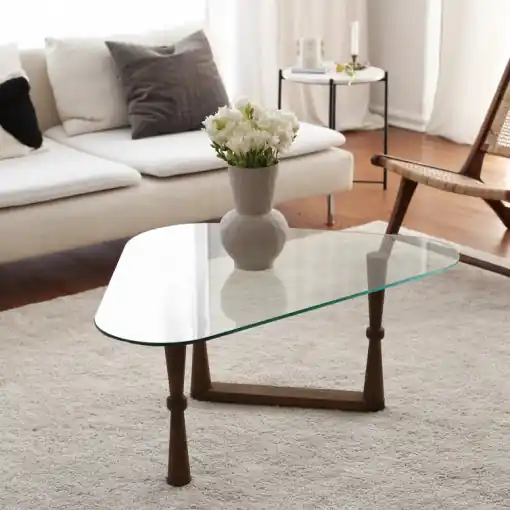 Bestseller Masuta de Cafea Model Fields, 96x81x41 cm, Nuc, Lemn masiv, Blat Sticla securizata