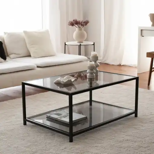 Masuta de Cafea Model Huynh, 90x60x40 cm, Negru, Blat Sticla securizata Ieftin