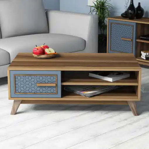 Retur gratuit Masuta de Cafea Model Boyer, 105x60x38.2 cm, Nuc/Albastru