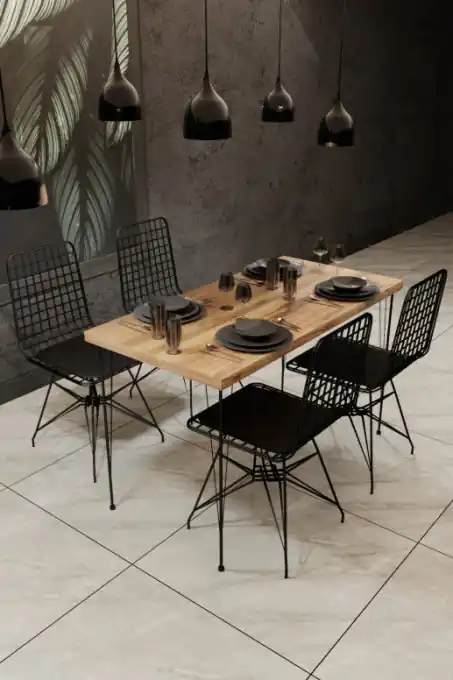 Set Masa si scaune Model Jayla, 120x60x75 cm, Stejar/Negru Cel mai vândut