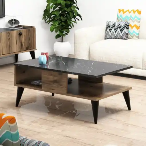Ultima șansă Masuta de Cafea Model Cohen, 90x54x39.6 cm, Negru marmorat/nuc