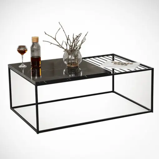 Masuta de Cafea Model Sloan, 95x55x43 cm, Negru marmorat/Negru Retur ușor