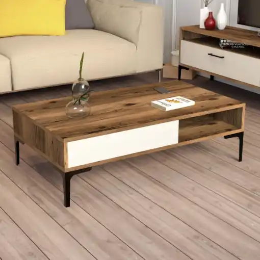 Masuta de Cafea Model Walker, 105x60x32.6 cm, Nuc/Crem Ofertă de sezon