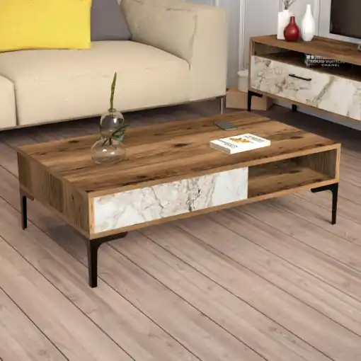 Super ofertă Masuta de Cafea Model Walker, 105x60x32.6 cm, Nuc/Alb marmorat