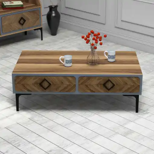 Masuta de Cafea Model Pitts, 105x60x34.6 cm, Nuc/Albastru Ofertă limitată