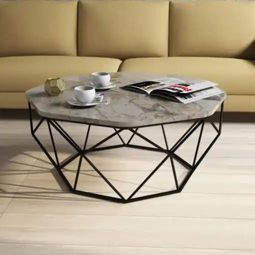 Masuta de Cafea Model Kent, 90x90x38 cm, Alb marmorat/Negru Bestseller