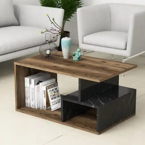 Masuta de Cafea Model Alfaro, 90x42x54 cm, Nuc/Negru marmorat Preț promoțional