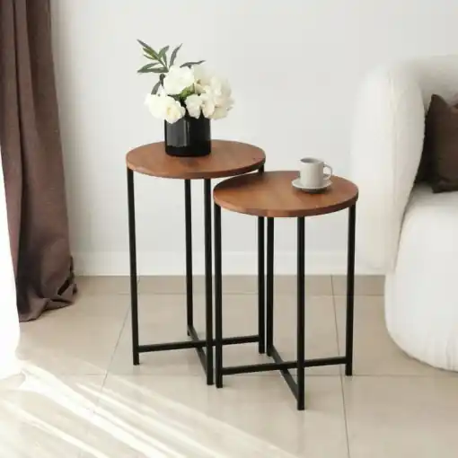 Set 2 Masute de Cafea Model Lynch, 35x35x55/35x35x50 cm, Stejar/Negru Reducere de preț