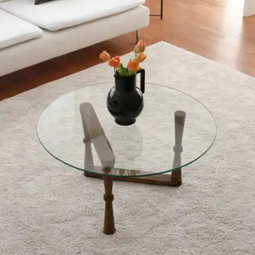 Plată securizată Masuta de Cafea Model Damien, 80x80x41 cm, Nuc, Lemn masiv, Blat Sticla securizata