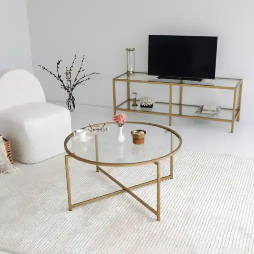 Preferatul clienților Masuta de Cafea Model Julieta, 83x83x40 cm, Auriu, Blat Sticla securizata