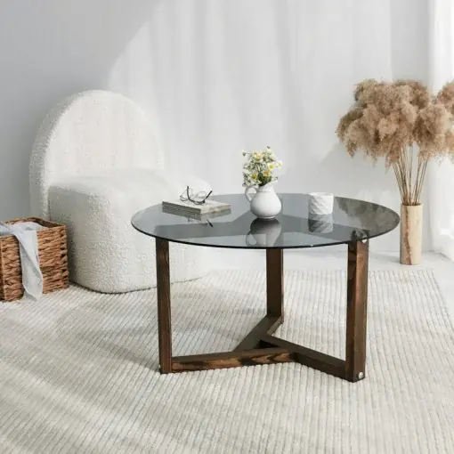 Ofertă specială Masuta de Cafea Model Alaia, 75x75x40 cm, Gri/Nuc, Lemn masiv, Blat Sticla securizata