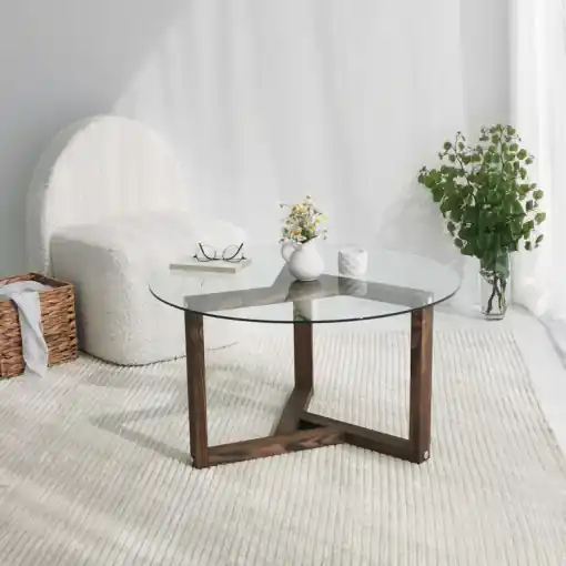 Preț redus Masuta de Cafea Model Alaia, 75x75x40 cm, Nuc, Lemn masiv, Blat Sticla securizata
