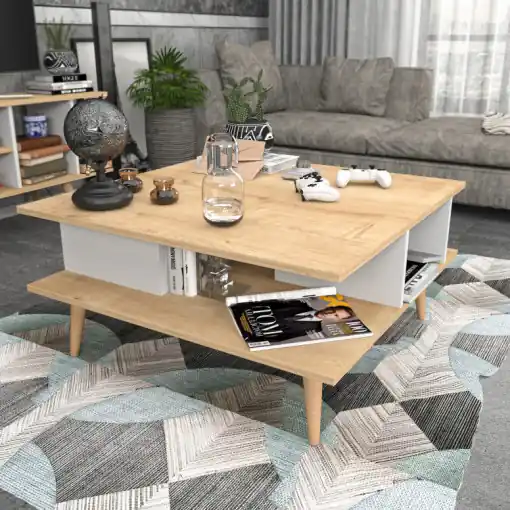 Livrare rapidă Masuta de Cafea Model Vienna, 89x89x44 cm, Stejar/Alb