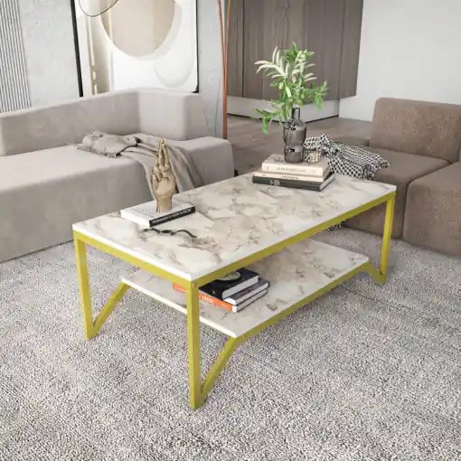 Masuta de Cafea Model Nina, 120x60x45.8 cm, Auriu/Alb marmorat Doar azi
