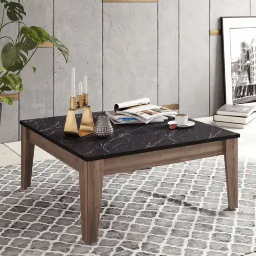 Masuta de Cafea Model Zyair, 85x85x35 cm, Nuc/Negru marmorat Preț redus