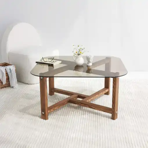 Masuta de Cafea Model Amayah, 80x80x40 cm, Stejar, Lemn masiv, Blat Sticla securizata Livrare expres