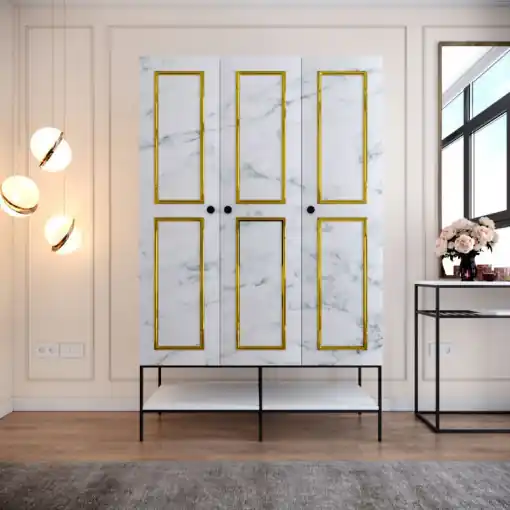 Lichidare de stoc Dulap haine Model Martin, Alb marmorat/Negru/Auriu, 126x50x200 cm