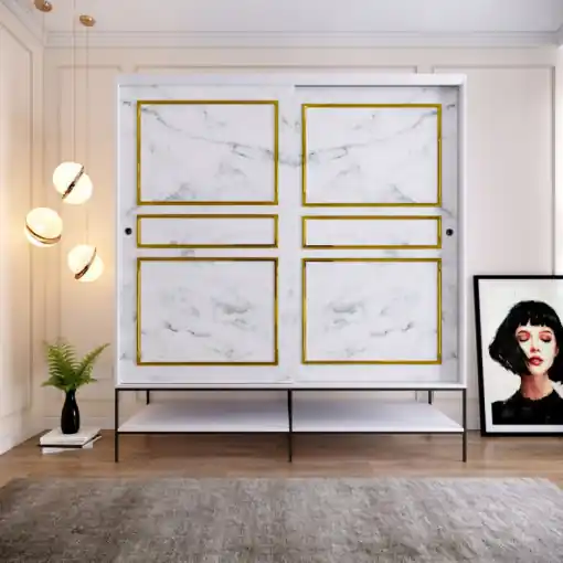 Discount Dulap haine Model Martin, Alb marmorat/Negru/Auriu, 190x57x200 cm
