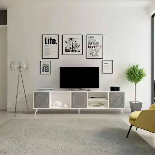 Noutate Comoda TV Salvador, Model Sinef, 180x45.7x29.5 cm, Alb/Antracit