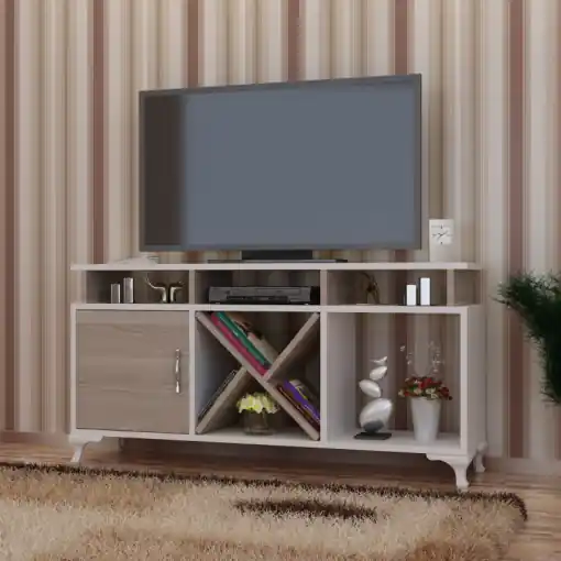 Calitate înaltă Comoda TV Salvador, Model Ay, 120x53.6x29.5 cm, Alb/Stejar Cordoba