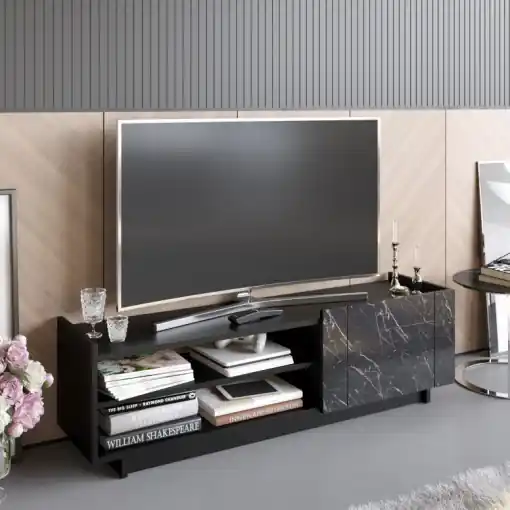 Reduceri Comoda TV Salvador, Model Valantina, 140x41.4x37.1 cm, Negru/Negru marmorat