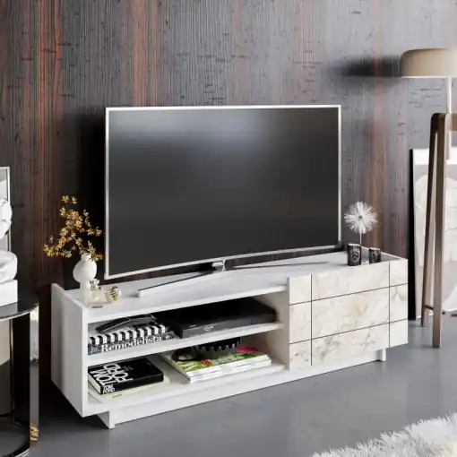Chilipir Comoda TV Salvador, Model Valantina, 140x41.4x37.1 cm, Alb/Alb marmorat