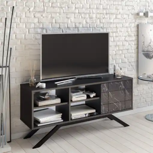 Comoda TV Salvador, Model North, 130x58.6x38.6 cm, Negru/Negru marmorat Expediere rapidă