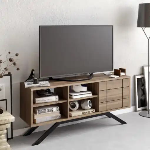 Ofertă specială Comoda TV Salvador, Model North, 130x58.6x38.6 cm, Negru/Nuc