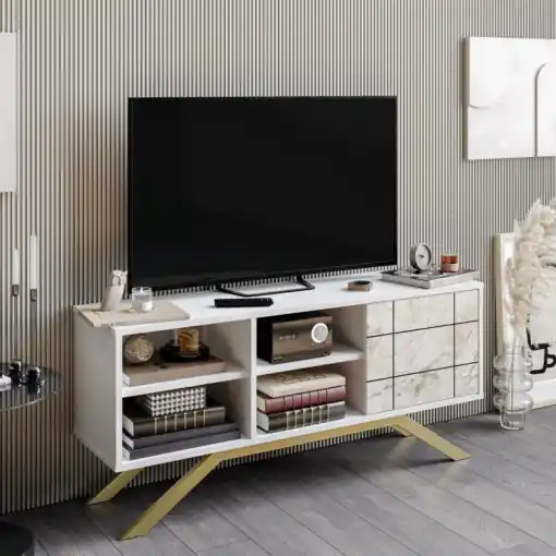 Cumpără online Comoda TV Salvador, Model North, 130x58.6x38.6 cm, Alb/Auriu