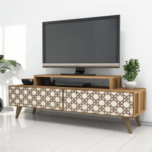 Comoda TV Salvador, Model City, 140x48.8x41.8 cm, Nuc/Crem Ofertă limitată