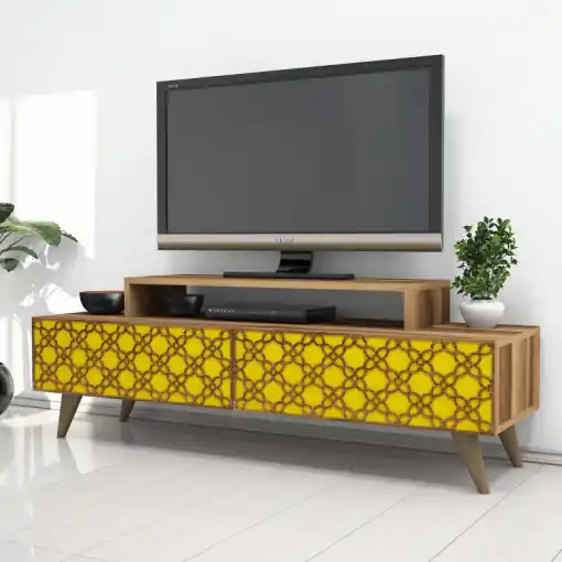 Comoda TV Salvador, Model City, 140x48.8x41.8 cm, Nuc/Galben Plată securizată