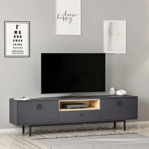 Super ofertă Comoda TV Salvador, Model Naturel, 180x48x35 cm, Antracit