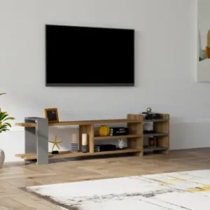 Comoda TV Salvador, Model Zeyna, 156x40x29.6 cm, Stejar/Gri Premium